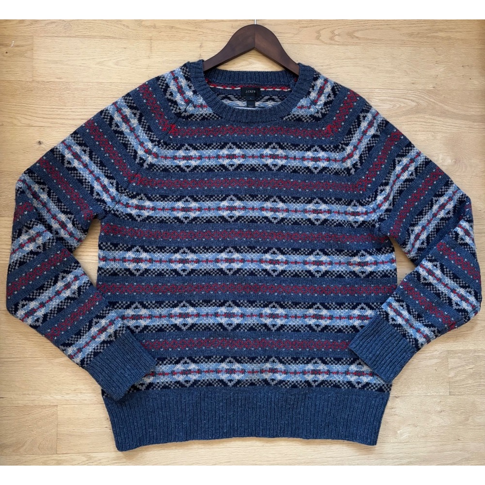J.Crew Mens Large Fair Isle 100% Lambswool Crewneck Sweater Grannycore Wool